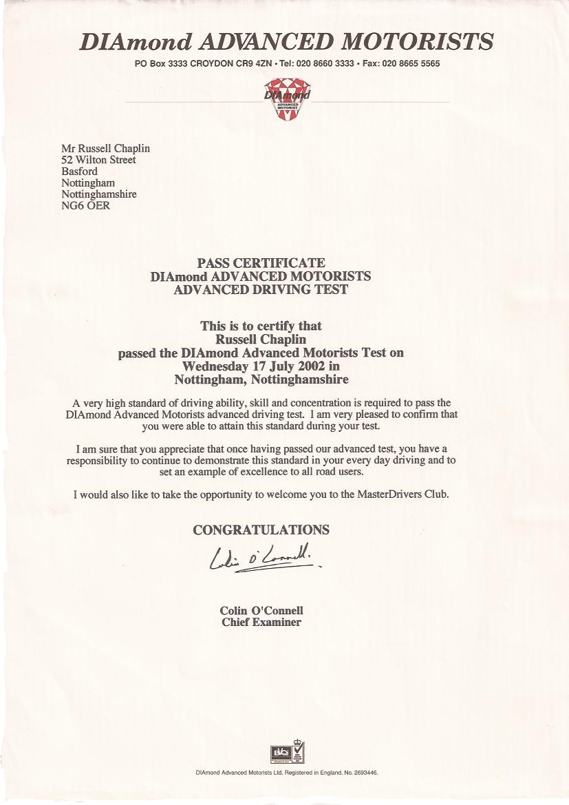 Diamond advanced driving test Nottingham
